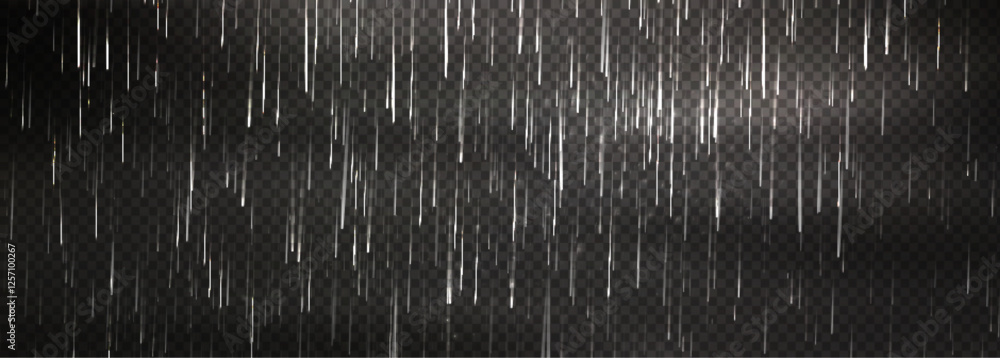 Poster white rainy effect overlay on transparent background. vertical illuminated drops pattern in dark atm
