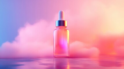 Aesthetic bottle against colorful mist background.