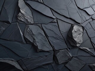 Close-up of a textured, layered slate rock wall showcasing its uneven surface,Slate Rock Textures, Dark Stone Patterns, Natural Slate Background
