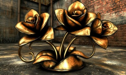 Elegant golden rose sculpture, intricate design,  industrial backdrop, 3D render, artistic still life.