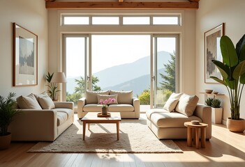 Fototapeta premium Spacious Cream-Colored Living Room with Minimalist Design: Fresh, Natural Light, Sofas, and Furniture Captured from Entrance Angle for Real Estate and Interior Design.