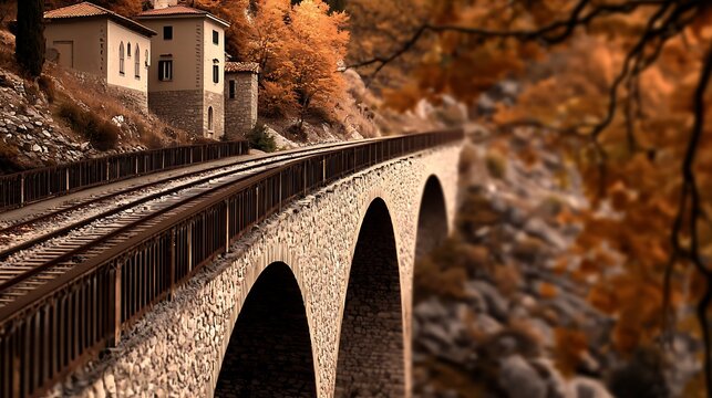 Scenic autumn view of a railway bridge with a quaint house, surrounded by vibrant foliage - Powered by Adobe