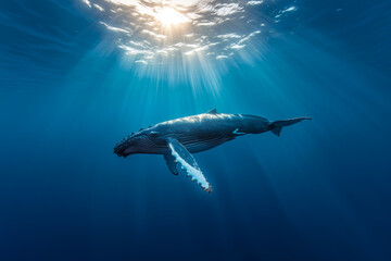 Naklejka premium Humpback whale swims in sunlit ocean depths.
