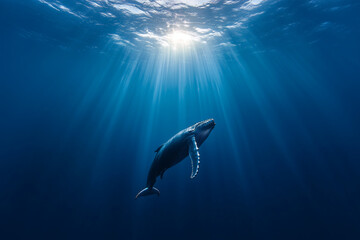 Fototapeta premium Whale in the deep ocean swimming with sun rays