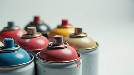 A close-up view of several spray paint cans, showcasing a variety of colors and textures, arranged in a visually appealing cluster against a neutral backdrop.