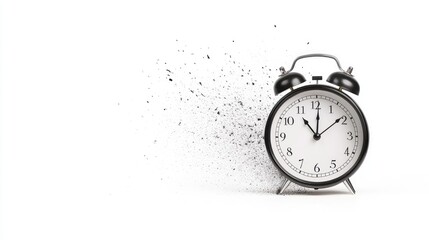 A classic alarm clock symbolizing the passage of time, with particles dispersing in the background