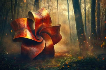 Mystical copper sculpture in an autumnal forest, evocative of nature and art.