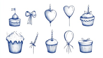 Hand-drawn celebration elements including cakes, balloons, and ribbons on a white background