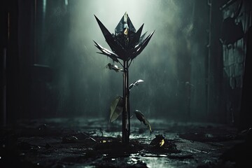 Dark, metallic flower in a post-apocalyptic setting.  A futuristic, dystopian plant blooms amidst ruins.