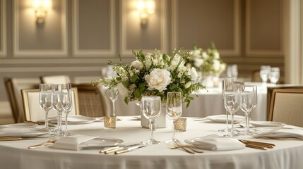Elegant wedding reception table setting, flowers, ballroom