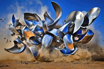 Abstract metallic sculpture exploding in a cloud of dust against a vibrant blue sky.  A dynamic image capturing motion and energy.
