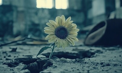 A single sunflower bravely blossoms from a cracked, desolate concrete surface amidst the ruins of a forgotten building, symbolizing resilience and hope.