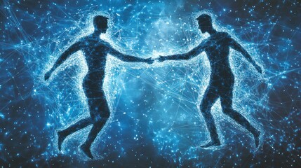 Naklejka premium Two ethereal figures reach towards each other, connected by glowing lines in a cosmic scene.
