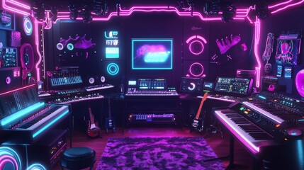 A creative design of a music studio with neon lights, instruments, and a DJ setup.