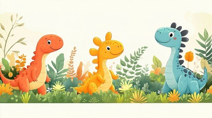 Fototapeta premium Three Adorable Cartoon Dinosaurs In Lush Greenery
