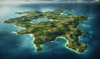 Fototapeta premium Tropical island archipelago aerial view, turquoise ocean, lush vegetation, boats, travel brochure