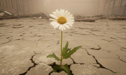 A single daisy bravely blossoms amidst a desolate, cracked landscape of a ruined industrial site, symbolizing resilience and hope in the face of environmental devastation.