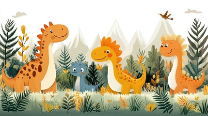 Fototapeta premium Adorable Dinosaur Family Playing in Mountainous Landscape