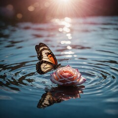 A butterfly made of pure light, fluttering above a shimmering rose water lake.