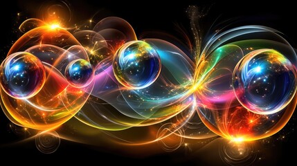Abstract vibrant spheres and glowing energy streams. A cosmic, fantastical artwork with multicolored light trails and sparkling particles, perfect for science fiction, fantasy, or technology themes.