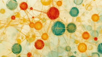 Abstract neural network, interconnected nodes, vibrant color palette, complex system, digital art, science background, technology concept, network visualization, connectivity illustration.