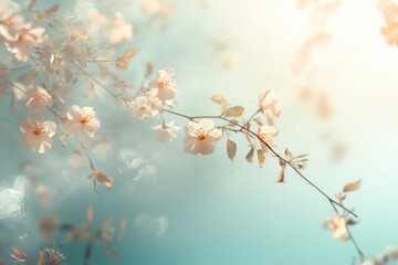 Fototapeta premium A soft-focus branch of blooming sakura flowers stretching horizontally across a sunlit spring sky.