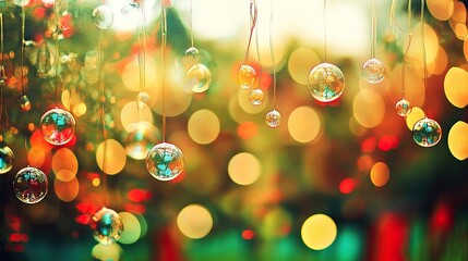 Enchanting hanging glass orbs reflecting colorful bokeh lights, creating a magical, dreamy atmosphere. Ideal for backgrounds, websites, or greeting cards.