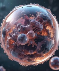 Microscopic image of an orb with cells and cytoplasmic extensions in a gel-like substance, orbs, cell structures, cellular morphology