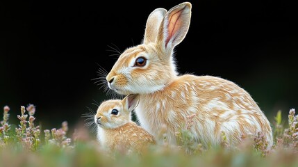 Fototapeta premium A serene moment of a mother rabbit and her baby resting in a lush meadow under soft sunlight
