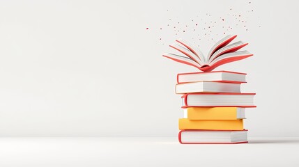 Stacked colorful books with an open book hovering above, surrounded by floating particles, symbolizing knowledge