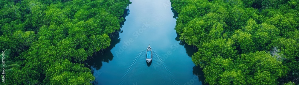 Poster a boat floating in the middle of a calm river surrounded by lush green trees and blue sky