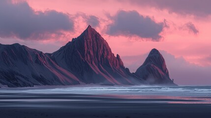Fototapeta premium Serene Sunset Over Majestic Mountain Peaks Reflecting in Calm Ocean Waters at Twilight