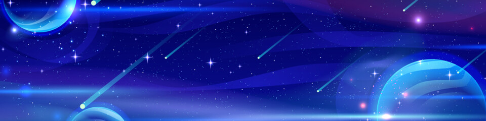 Universe background of deep space - meteors streaking across starry dark blue sky with glowing planets and celestial bodies. Cosmic panoramic scene with bright comets for astronomical design.