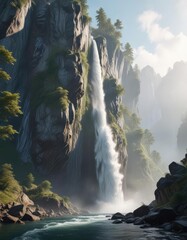 Misty morning light on a towering mountain with a waterfall flowing down its slopes, misty, landscape, fog