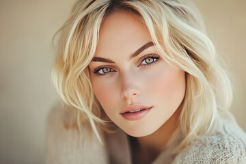 Naklejka premium A soft-focus portrait of a blonde woman with silky, golden hair and neutral-toned makeup, surrounded by a light beige ambiance.