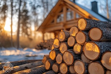 Firewood Stack Against Rustic House Wall with Green Shutters and Warm Golden Bokeh Background