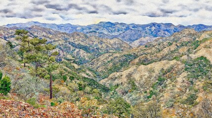 Stunning panoramic view of a mountainous landscape, showcasing a variety of textures and colors in the rolling hills and autumnal foliage.