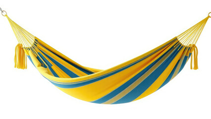 Modern striped hammock in yellow and blue hues isolated, suspended seat, cozy retreat, outdoor lounge
