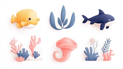 Colorful underwater scene featuring a playful fish, a friendly shark, and vibrant coral reefs