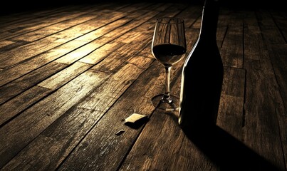A dramatic close-up of a wine bottle and glass on a rustic wooden floor, bathed in warm light, casting evocative shadows.  The scene suggests intimacy and relaxation.