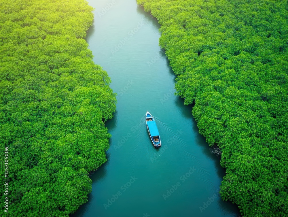 Poster boat floating in the middle of a calm river surrounded by lush green trees and clear blue sky