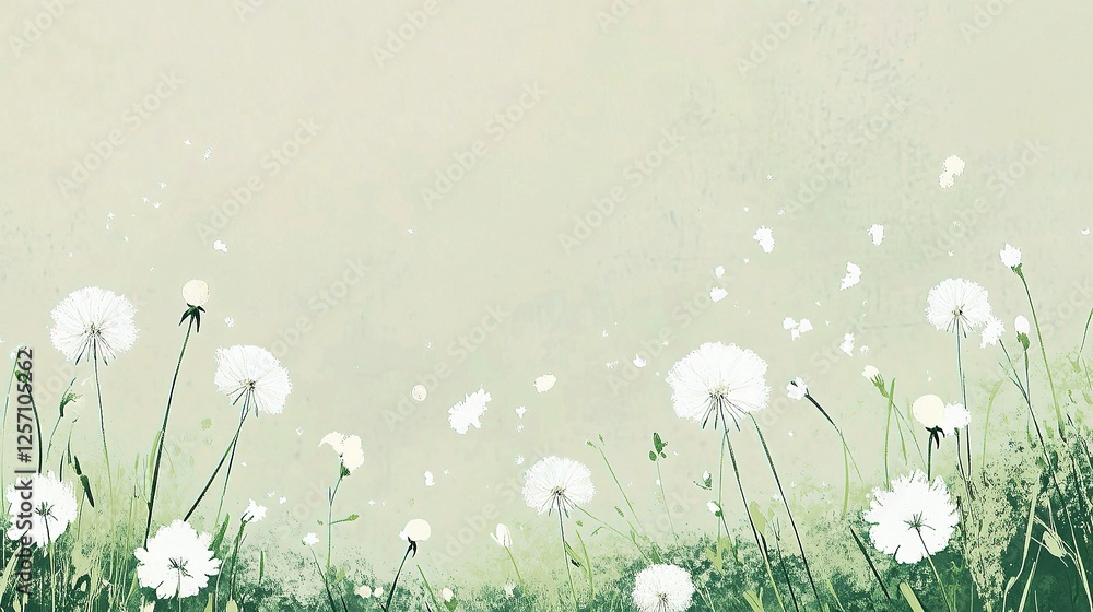 Poster white dandelions on light background with gentle spring vibes