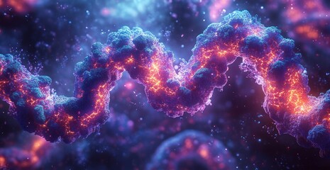 Hyper-Realistic Chromosomes and DNA Helix in Surreal Vibrant Art with Blue and Red Background