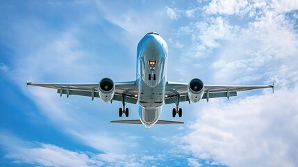 Obraz premium White Jetliner Soaring Through Blue Sky with Fluffy Clouds