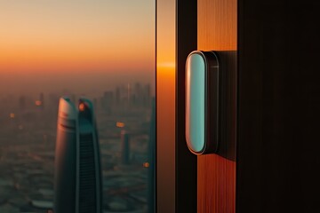 Modern minimalist design element on a wooden wall, overlooking a city skyline at sunset.  A sleek, rectangular light fixture adds a touch of elegance.