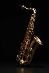 Obraz premium A Gleaming Gold Saxophone Rests Elegantly Against a Dark Background, Ready to Fill the Air with Melodious Sounds