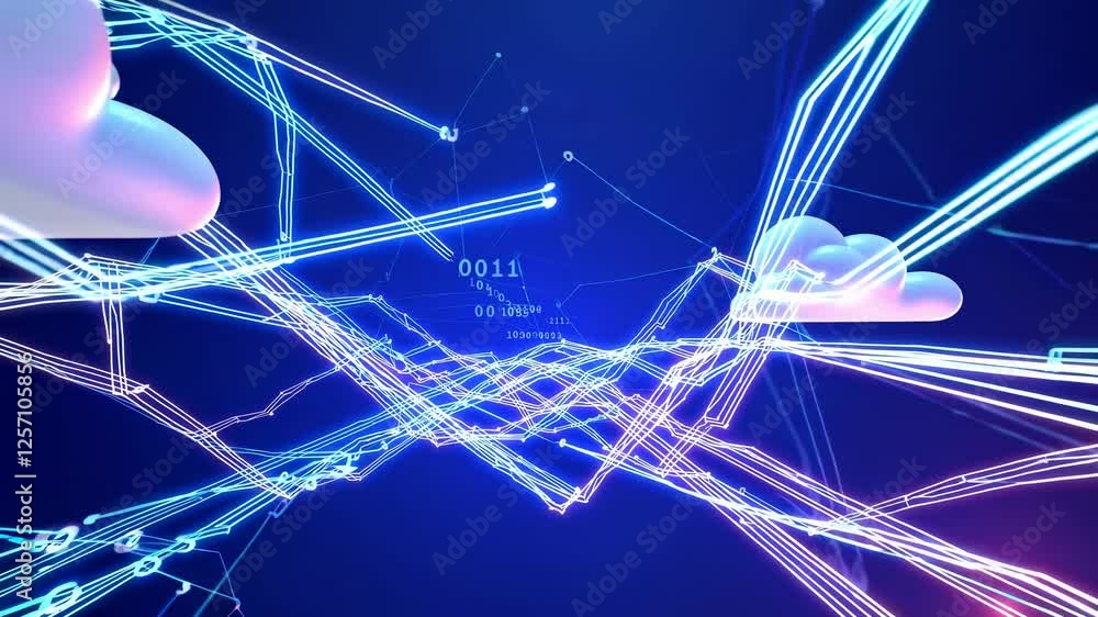 Poster futuristic video concept with a low-angle view of digital clouds and neon lines, illustrating a netw