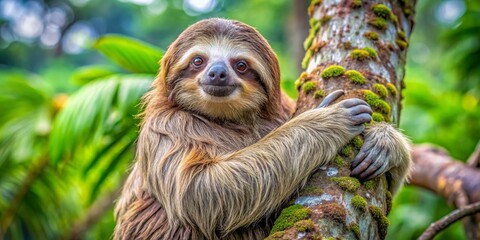 Obraz premium Cute Sloth Hanging on Tree in Lush Tropical Environment