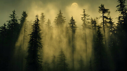 Obraz premium Photo - Enchanting Moonlit Forest, Mist, Trees, Nature, Sunlight, Landscape, Woods, Atmosphere, Light