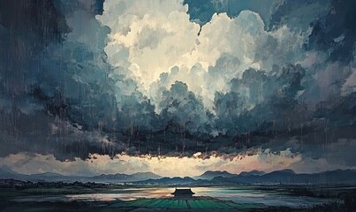 Dramatic Asian landscape painting; dark clouds over tranquil rice paddy fields and a small traditional house.